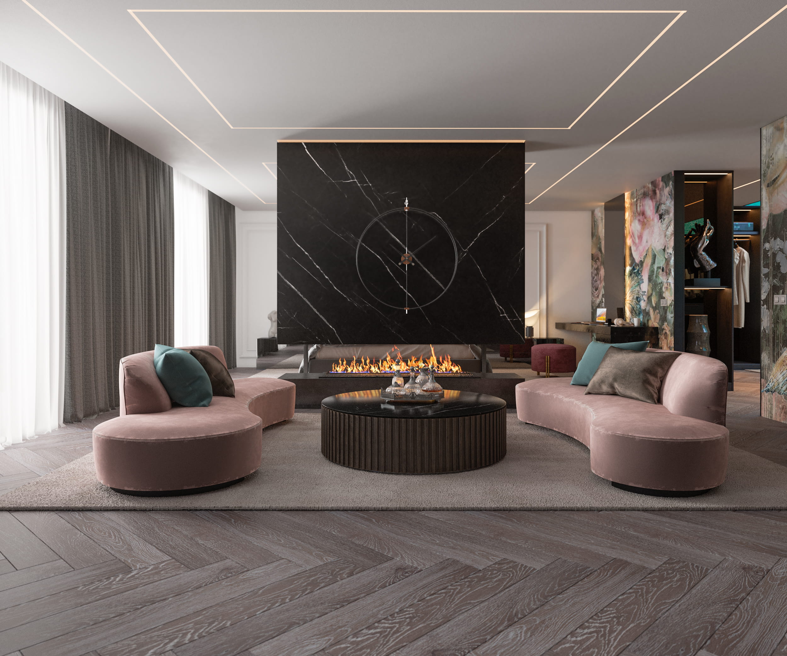pink sofas sitting area